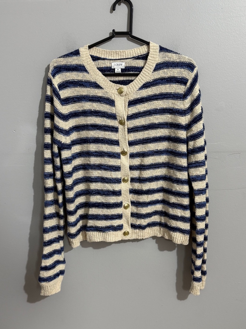 J Crew Sweater Womens Medium Navy Ivory Striped Knit Cardigan Gold Button Preppy